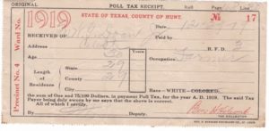 1919 Hunt County Poll Tax Receipt for a voter in Celeste, TX.